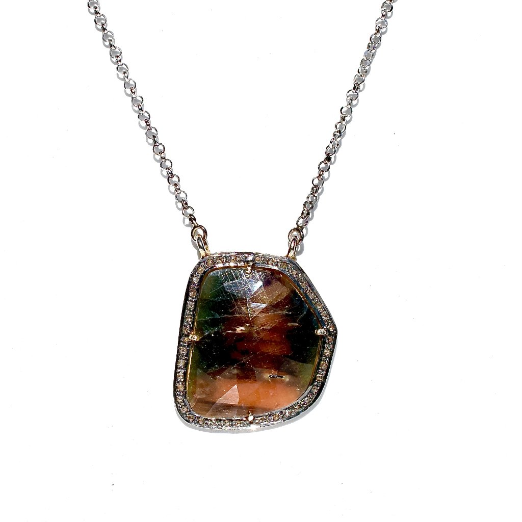 Diamond And Sapphire 925 Silver Sunset Pendant/Necklace